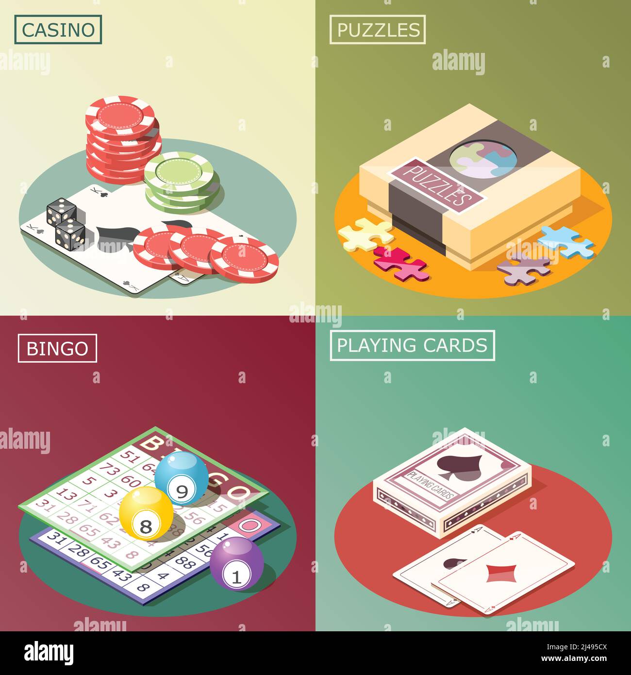 Board games isometric design concept with casino, puzzles, bingo and playing cards isolated vector illustration Stock Vector