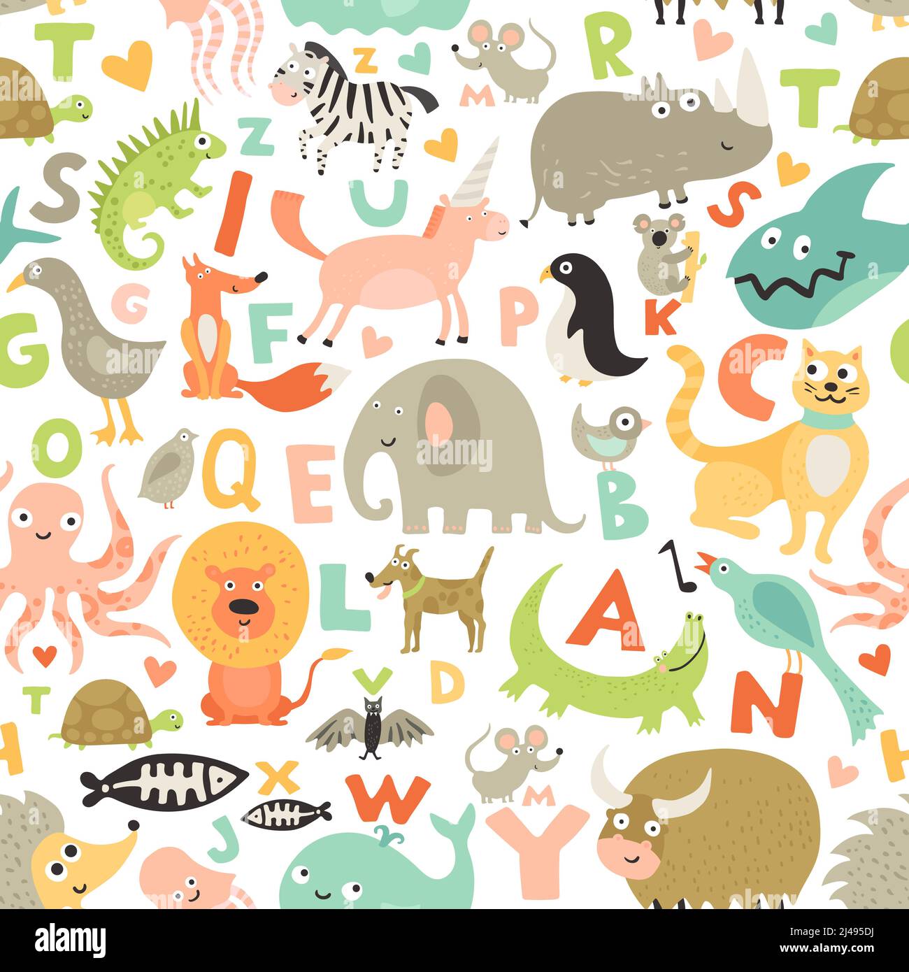 Children first abc seamless pattern with kids favorite funny animals pictures for each alphabet letter vector illustration Stock Vector