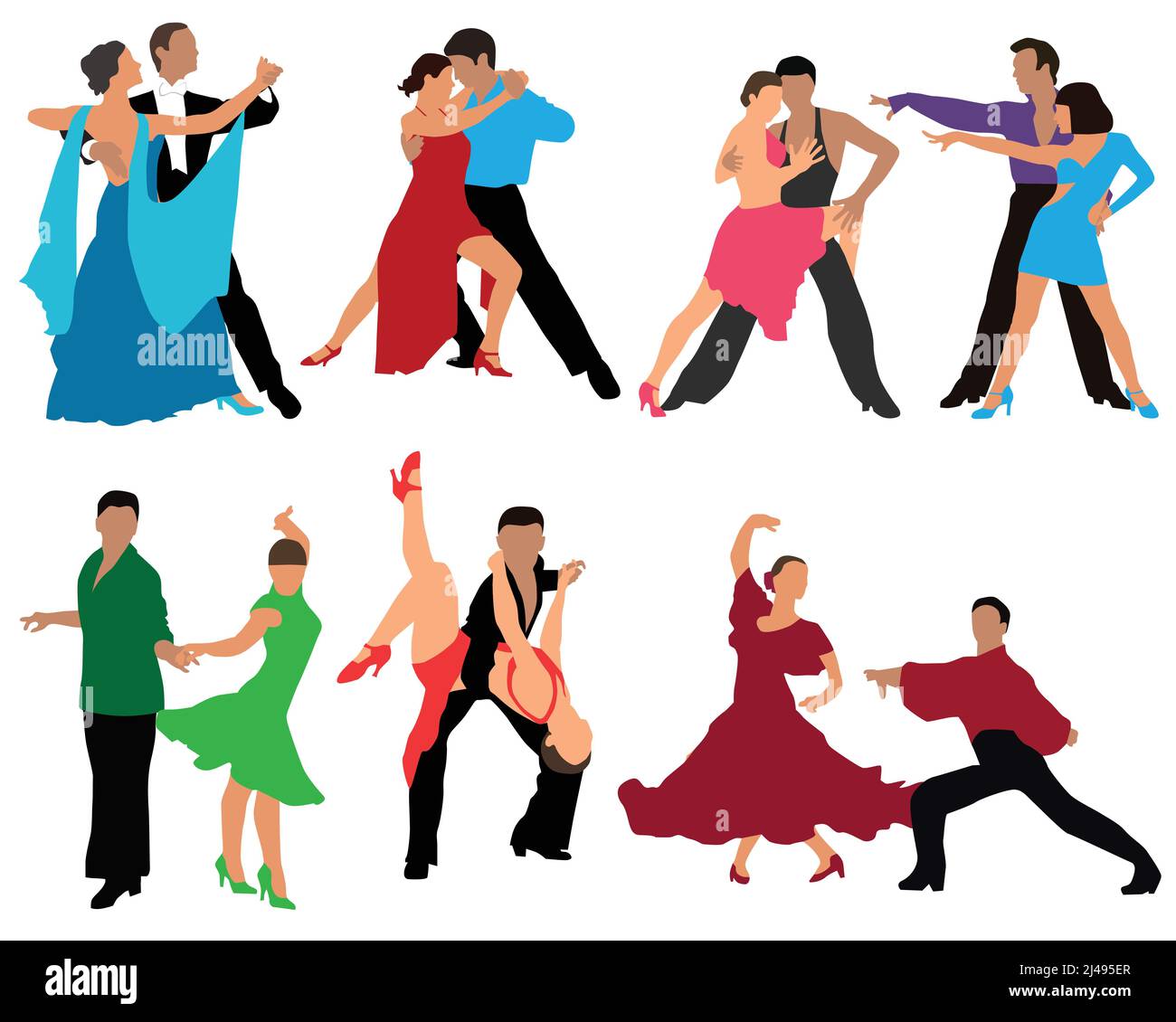 Dancing couples, different styles of dance, color vector illustration Stock Vector