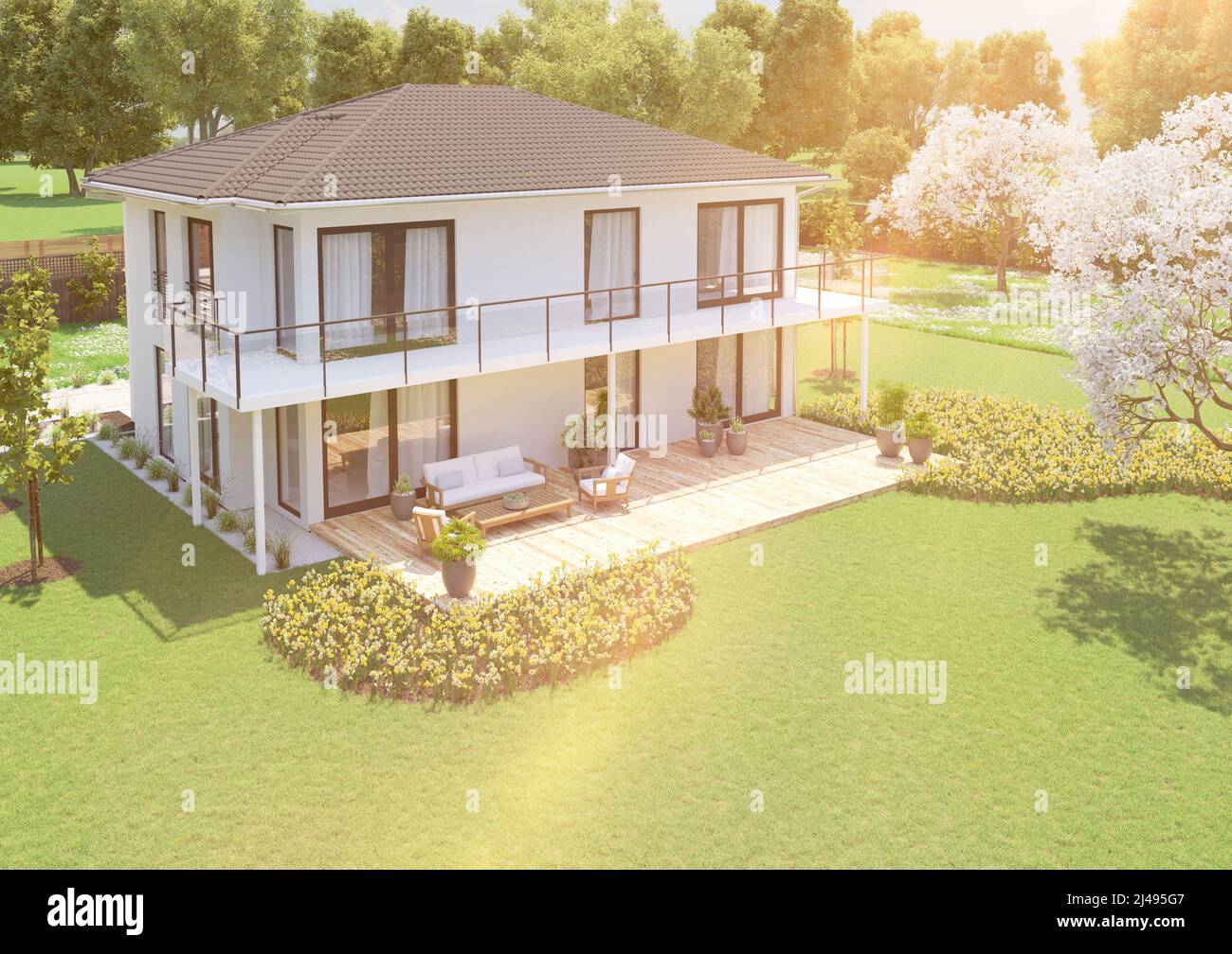 3D illustration. new house with garden. spring time Stock Photo