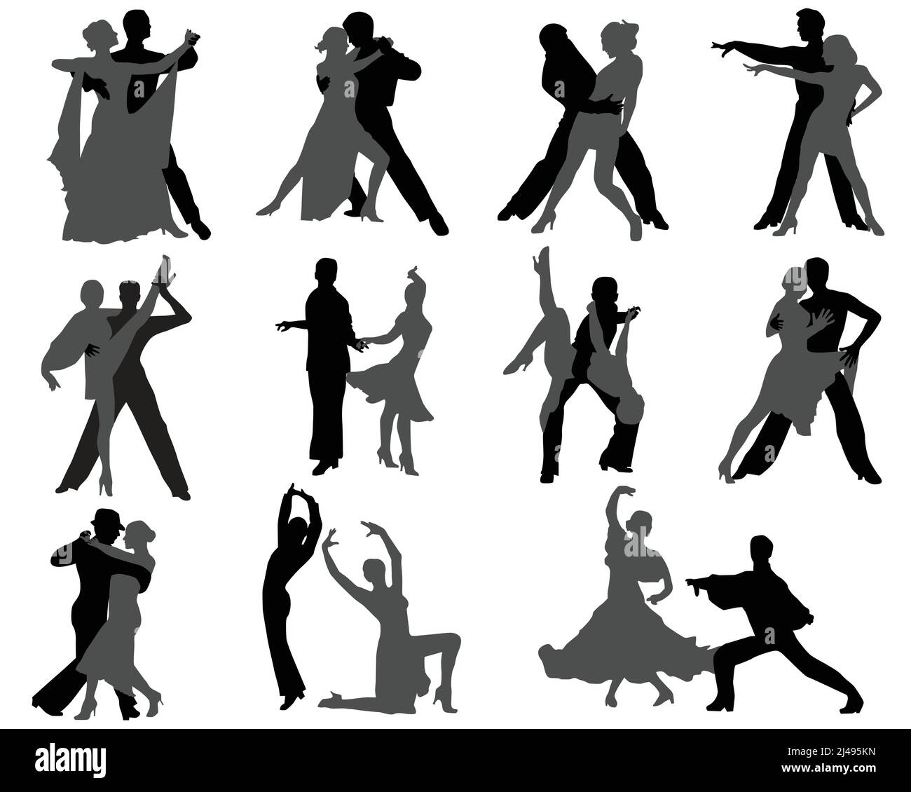Silhouettes of the dancing couples, different styles of dance Stock