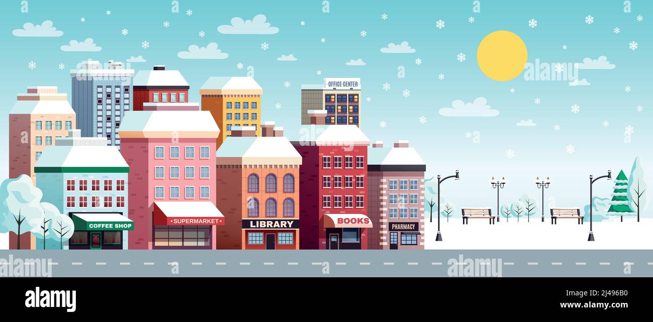 Winter city street flat horizontal banner with coffee shop library ...
