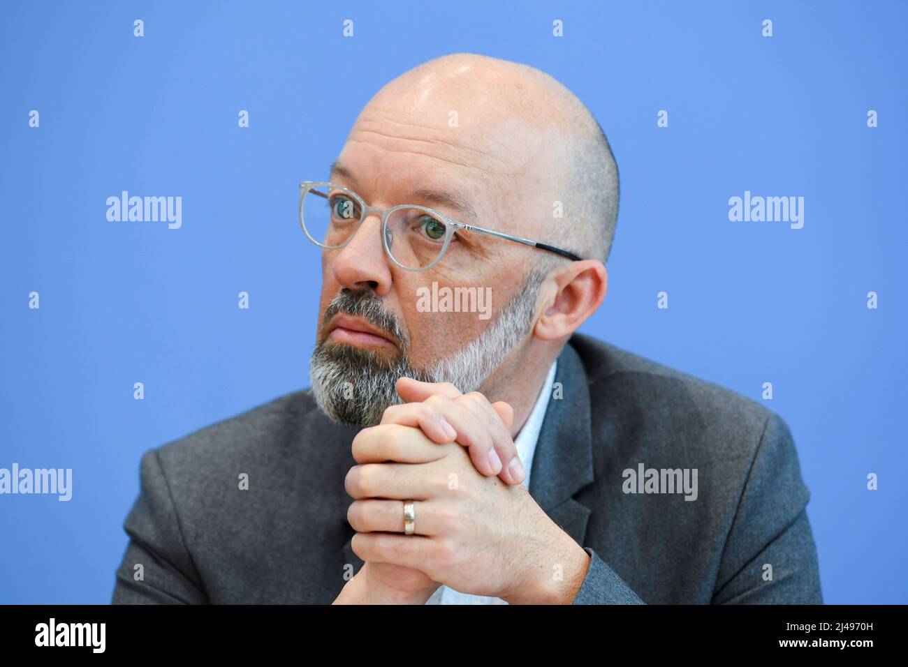 Prof. Dr. Timo Wollmershaeuser of the Institute for Economic Research (ifo Munich) attends a news conference to present a joint report for spring 2022 of the German economic institutes in Berlin, Germany, April 13, 2022. REUTERS/Annegret Hilse Stock Photo