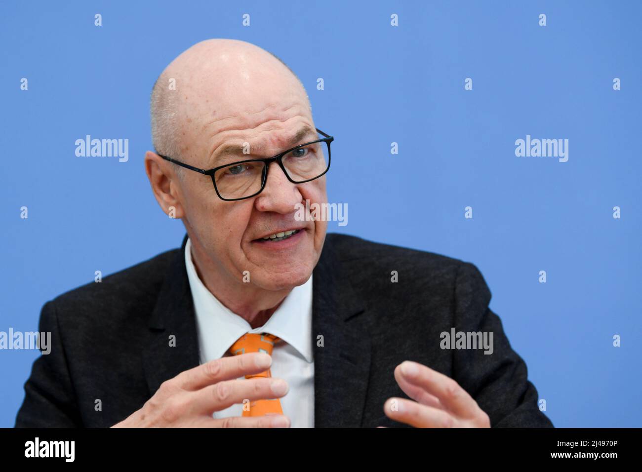Prof. Dr. Martin Gornig of the German Institute for Economic Research (DIW) attends a news conference to present a joint report for spring 2022 of the German economic institutes in Berlin, Germany April 13, 2022. REUTERS/Annegret Hilse Stock Photo