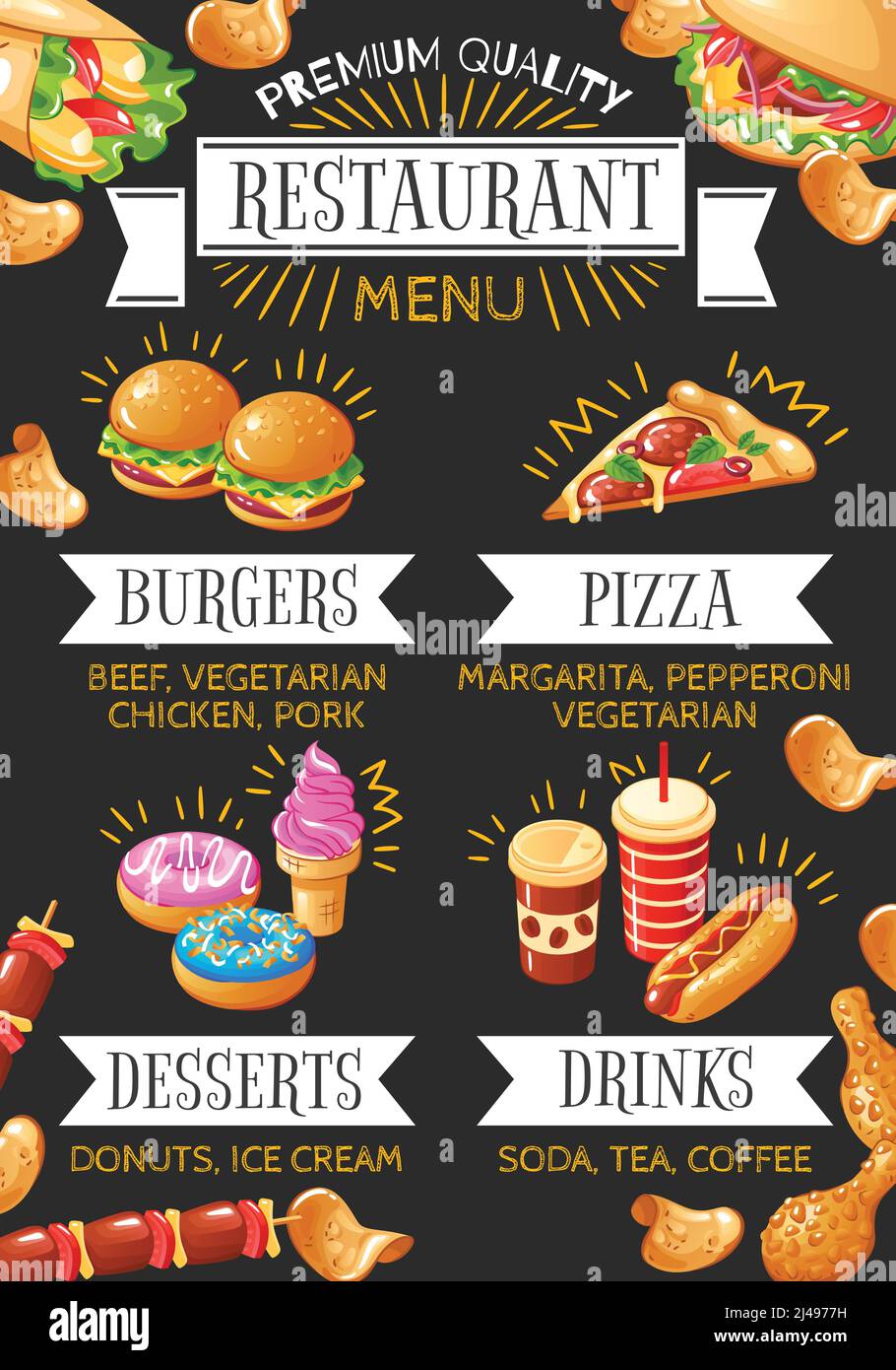 Colorful menu of fast food restaurant with burgers pizza desserts and drinks on black background flat vector illustration Stock Vector