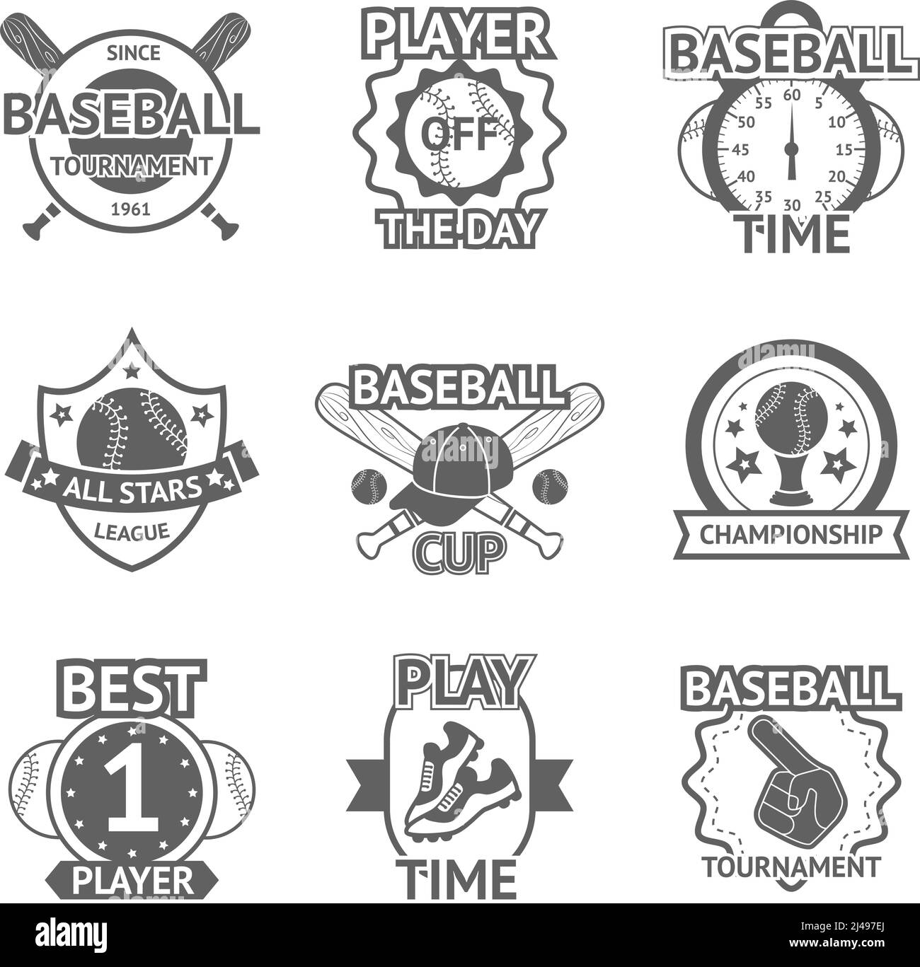 Baseball  tournament player championship black emblems set isolated vector illustration Stock Vector
