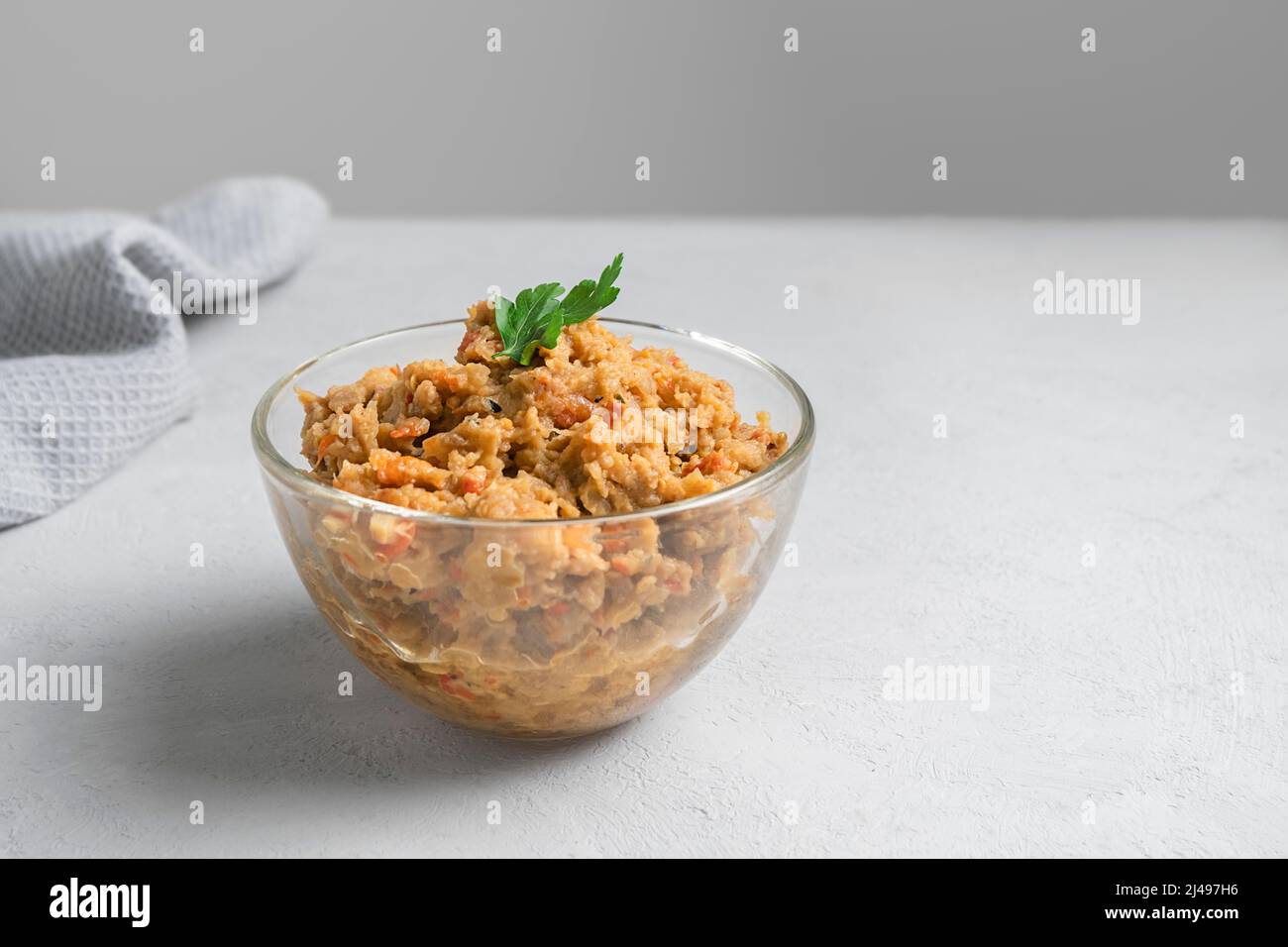 Middle Eastern eggplant dish Kiopoolu on grey background with copy space Stock Photo