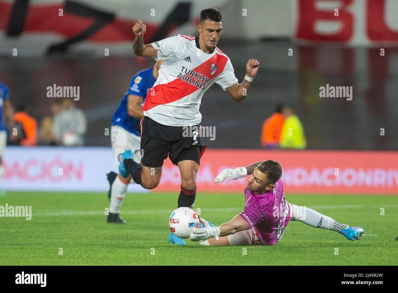BUENOS AIRES, ARGENTINA - APRIL 3: Matias Suarez of River Plate fight for the ball with Federico Lanzillotta of Argentinos Juniors during a Copa de la Stock Photo