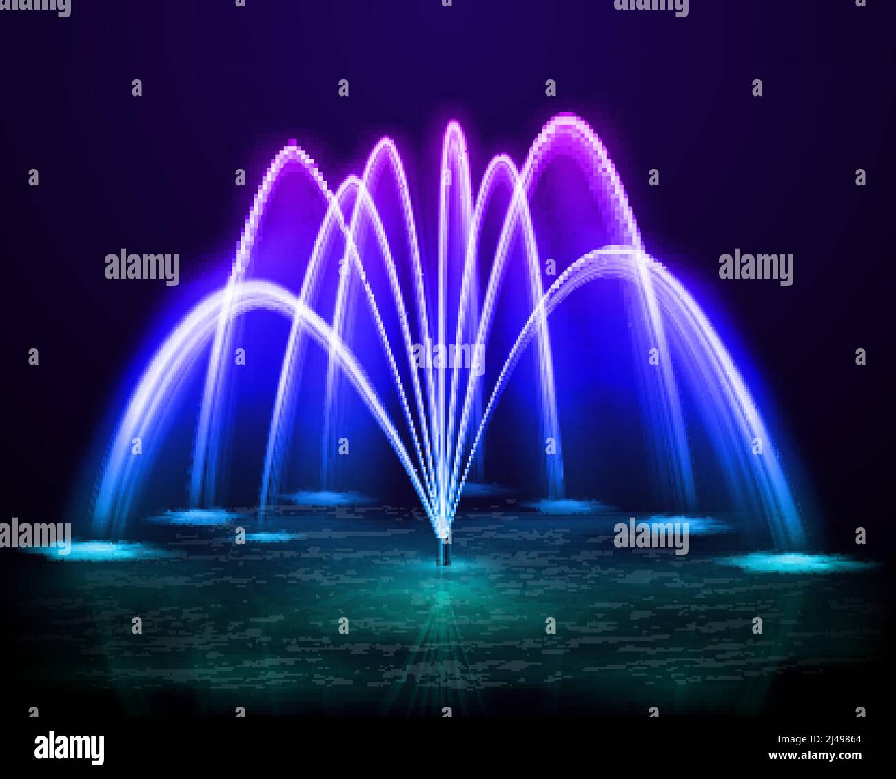 Beautiful colorful dancing outdoor water jet fountain at dark night
