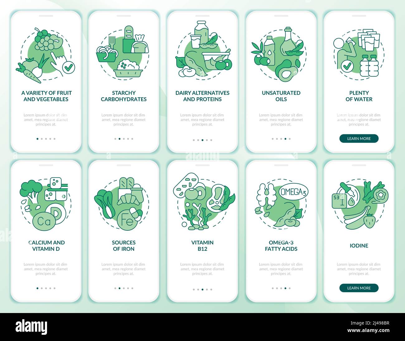 Vegan lifestyle green onboarding mobile app screen set Stock Vector ...