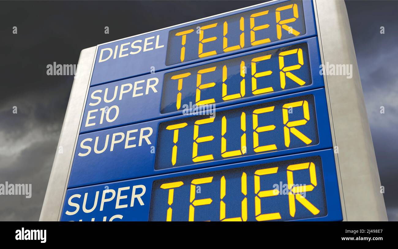 Gas station price display with the German word 'TEUER' ('EXPENSIVE') Stock Photo