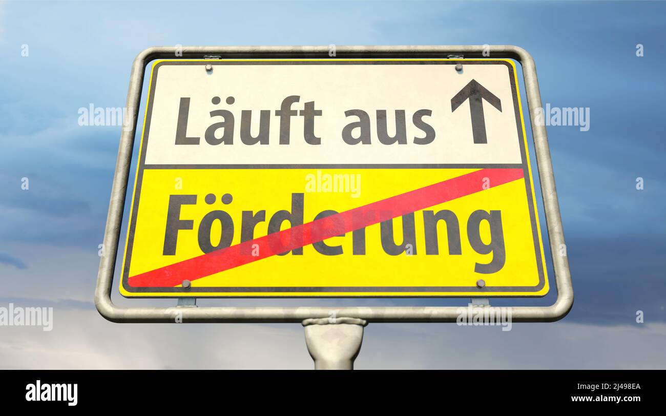 Place-name sign with the German words 'Förderung' (Funding) and 'Läuft aus' (Runs out) Stock Photo