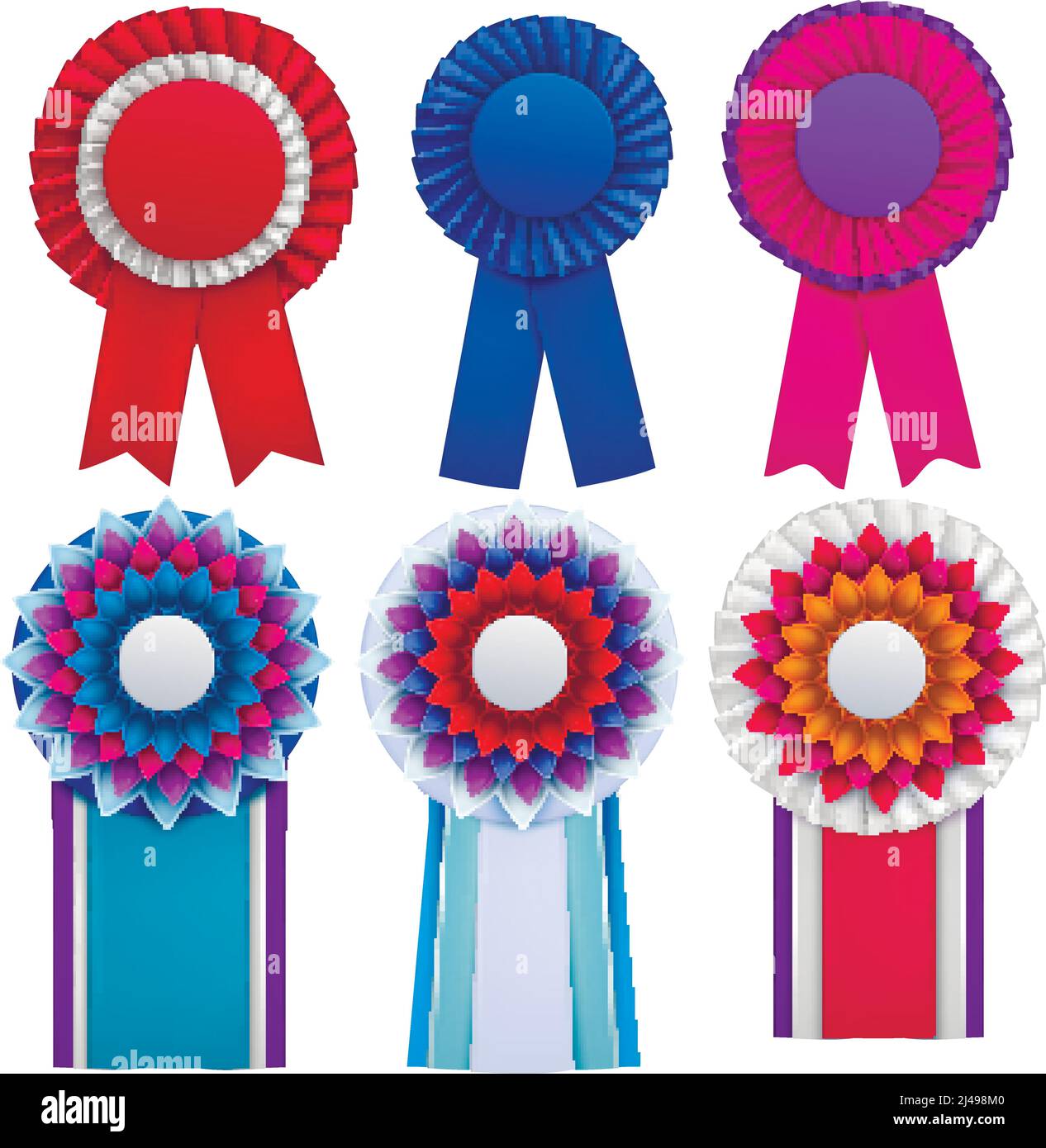 Bright blue red pink purple awards circulair rosettes badges lapel pins with ribbons realistic set vector illustration Stock Vector