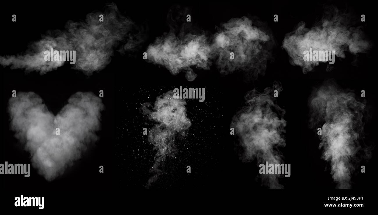 A set of seven different types of swirling, writhing smoke, steam ...