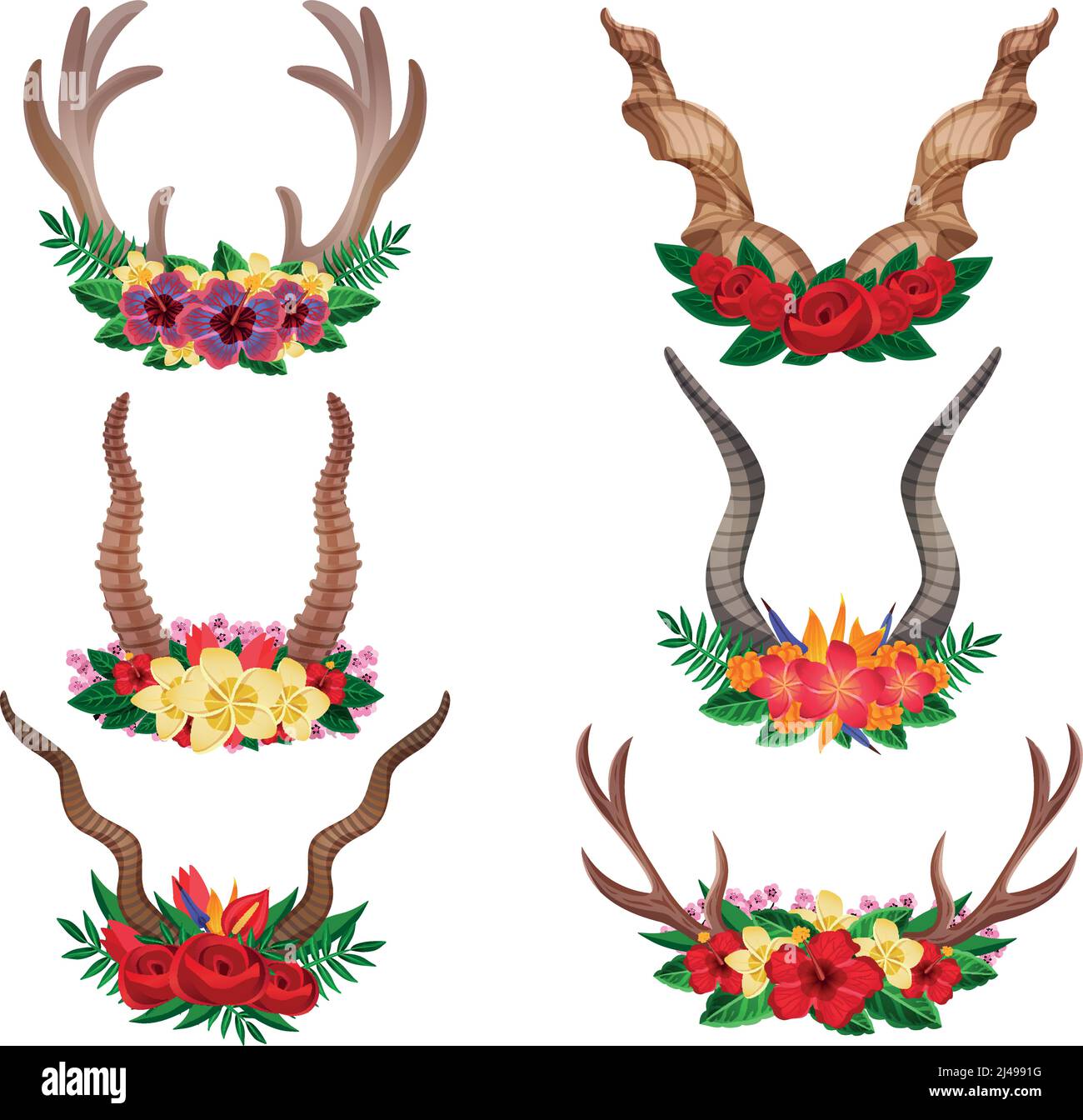 Wild animals dear mountain goat moose ornamental floral horns set decorated with flower arrangements isolated vector illustration Stock Vector