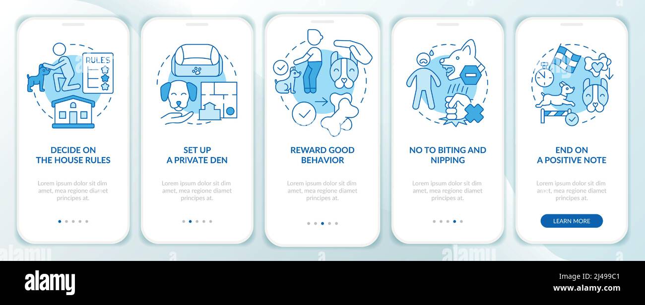 Obedience training for puppy blue onboarding mobile app screen Stock Vector
