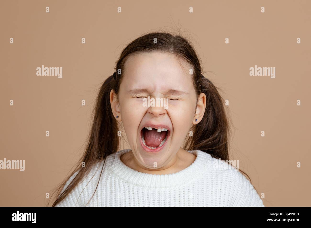 Portrait of young furious angry girl with long dark hair in pink, white sweater standing with closed eyes and open mouth, screaming, expressing malice Stock Photo