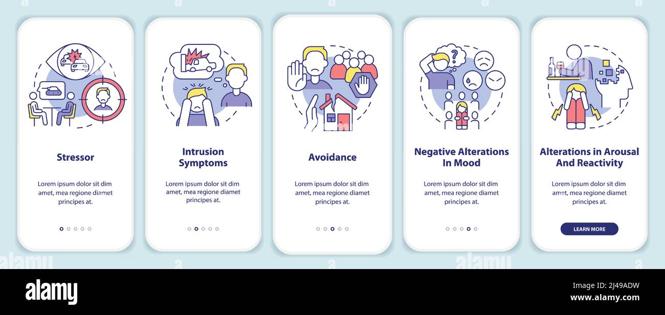 Criteria for PTSD onboarding mobile app screen Stock Vector