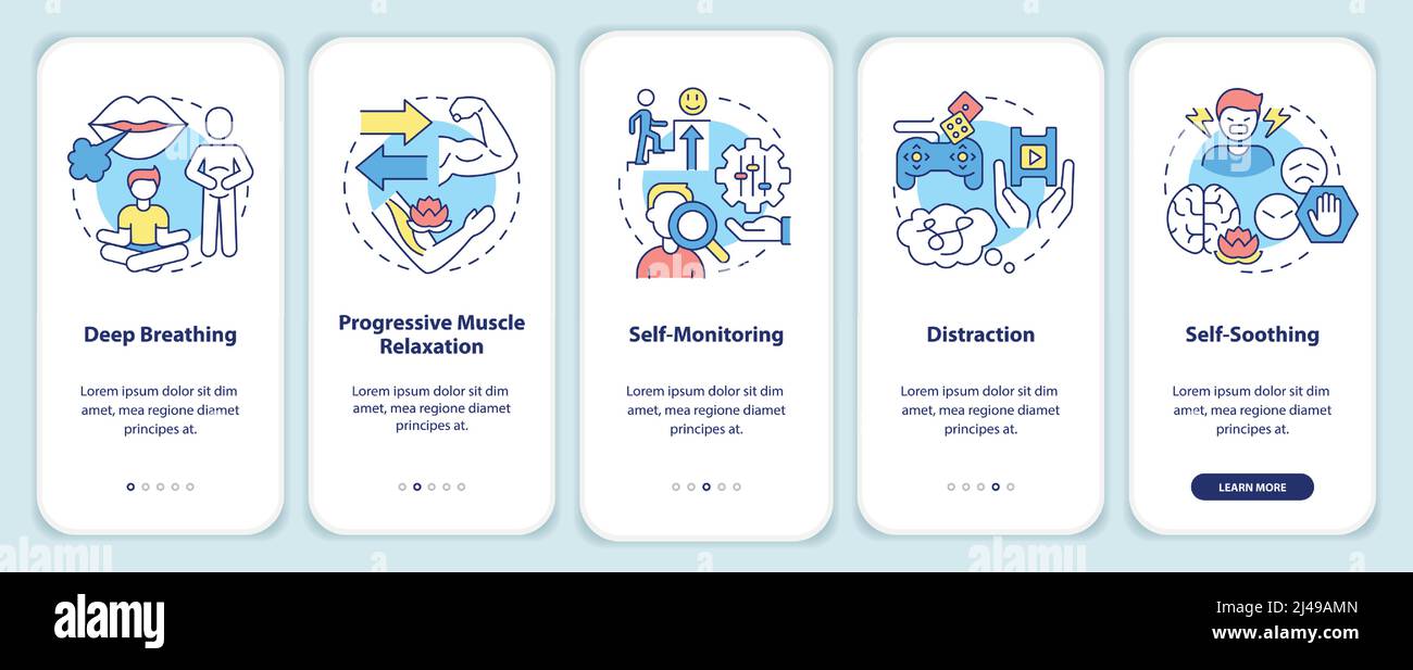 PTSD coping strategies onboarding mobile app screen Stock Vector