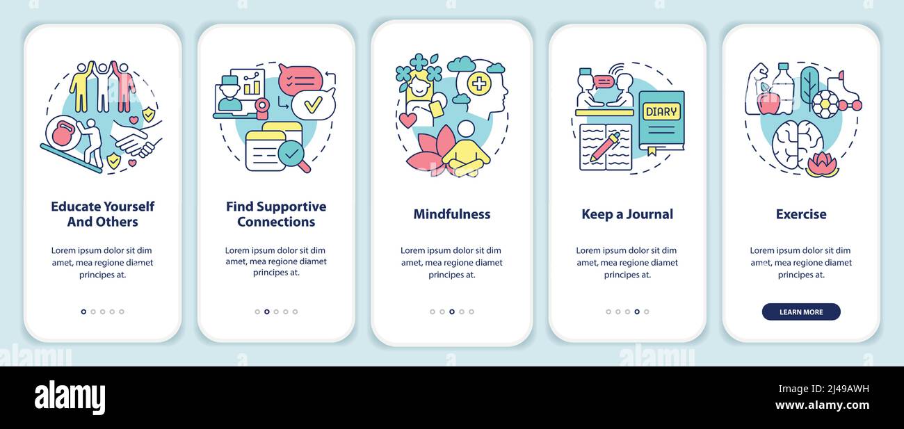Coping with PTSD process onboarding mobile app screen Stock Vector