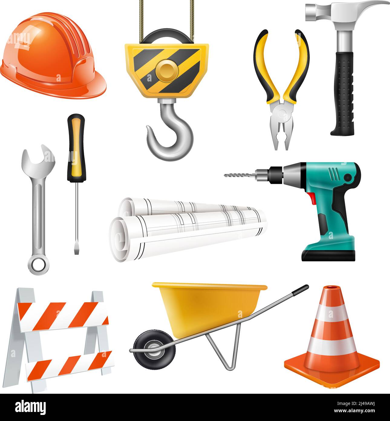 Construction realistic set of wrench screwdriver pliers hammer drill