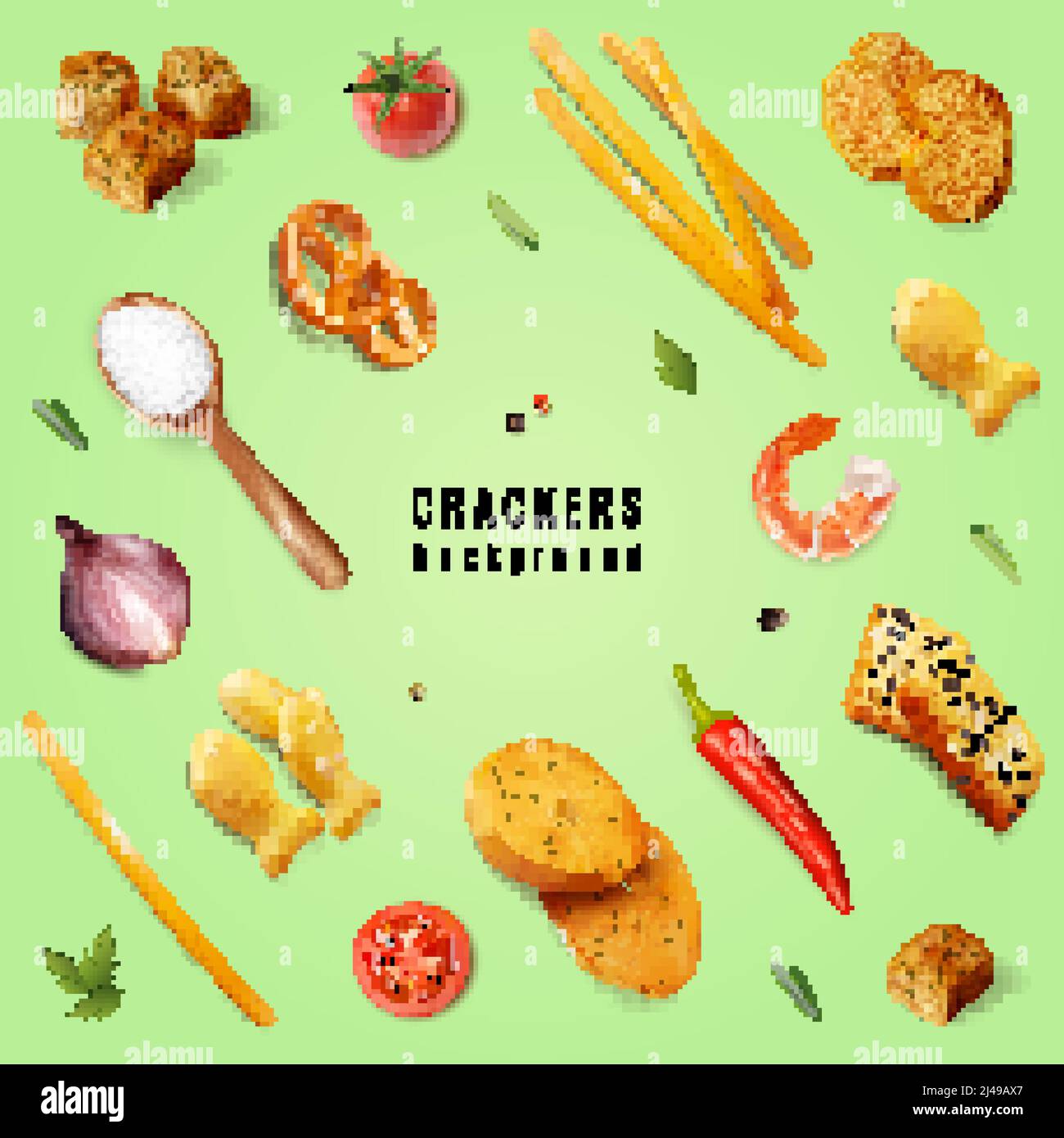 Crackers and snacks with different forms and flavoring additives on