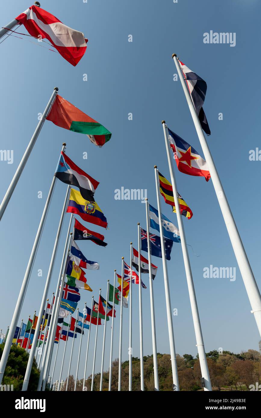 National flags of many countries on flagpoles, international ...