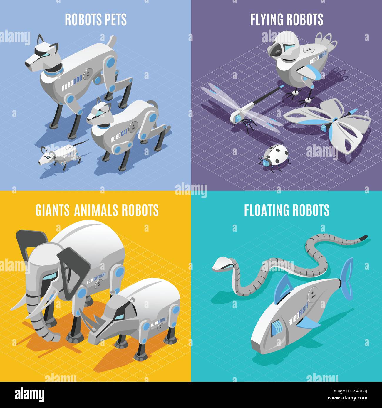 Animals robots concept 4 colorful background isometric icons square with automated pets insects fish snake vector illustration Stock Vector