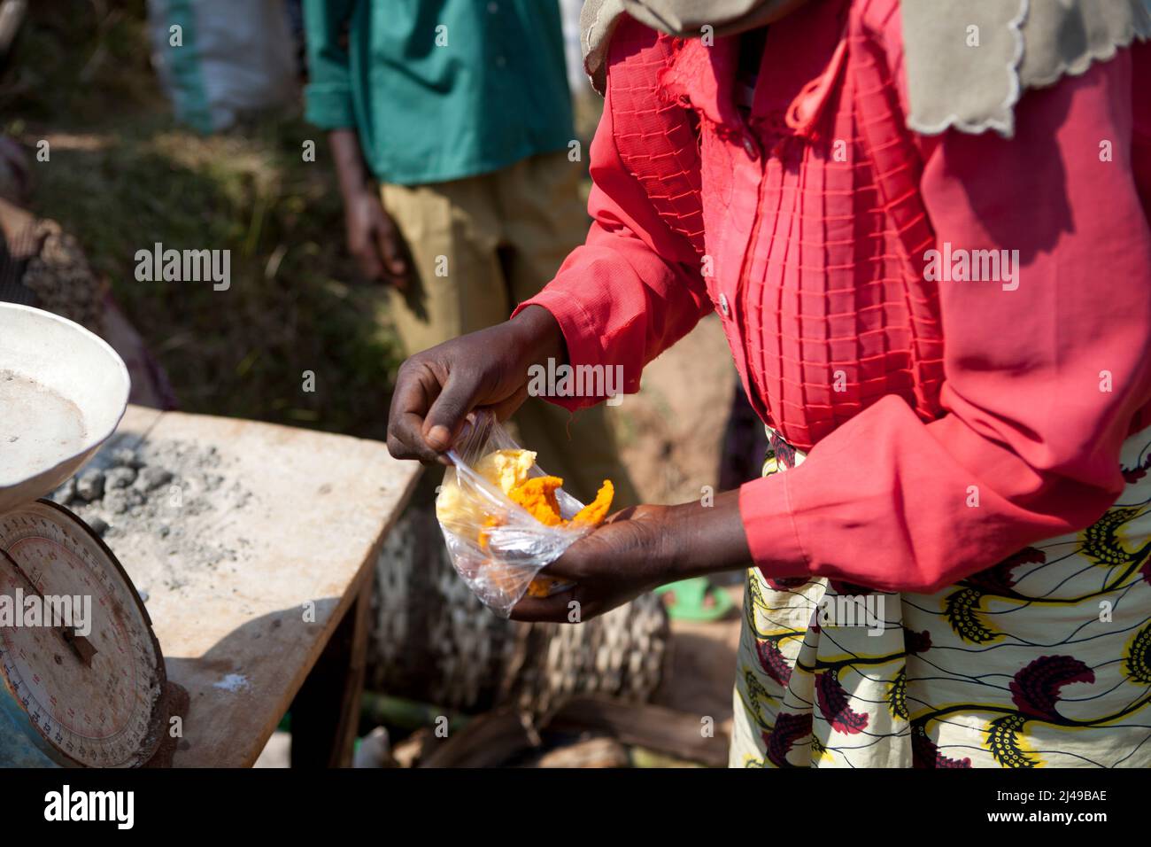 Zainab Nyirazirwanda, 45, a widow whose husband died in 1994.  She has two children, Shadia Nzayisenga, daughter, 20 and son Issa Tuzimana, 17 and grandson, Maniraguha, 2.    Before the programme her farming produced very little. Now from the proceeds of her farming she has bought a cow, chickens, goats. She bought land to farm maize and she sells salt and palm oil in the market.   She bought a cell phone and sends her son to secondary school.  Photograph by Mike Goldwater Stock Photo