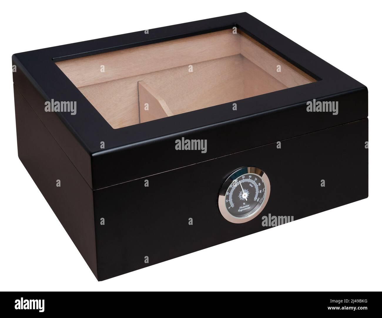 Black Wooden Humidor Cigar Box with Hygrometer over White Stock Photo