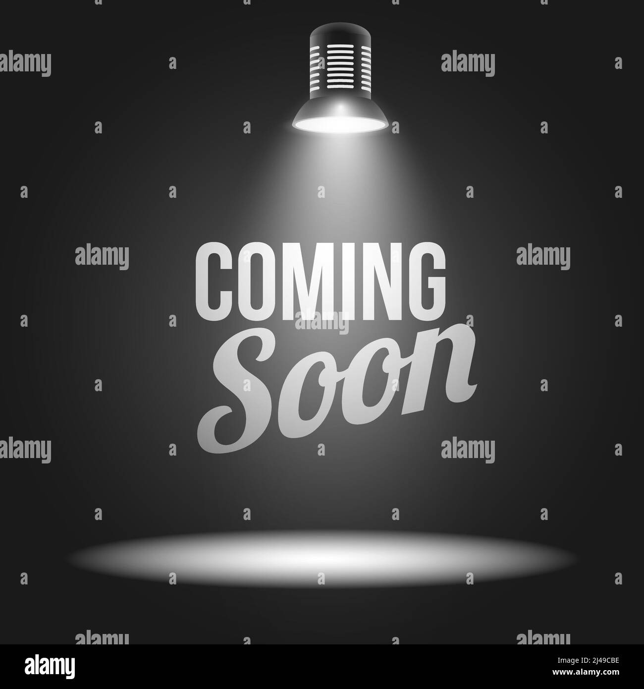Coming soon message illuminated with light projector blank stage realistic vector illustration Stock Vector