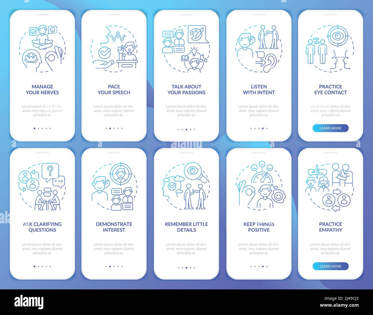 Developing charisma blue gradient onboarding mobile app screen set Stock Vector