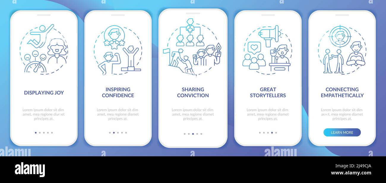 Charismatic people traits blue gradient onboarding mobile app screen Stock Vector