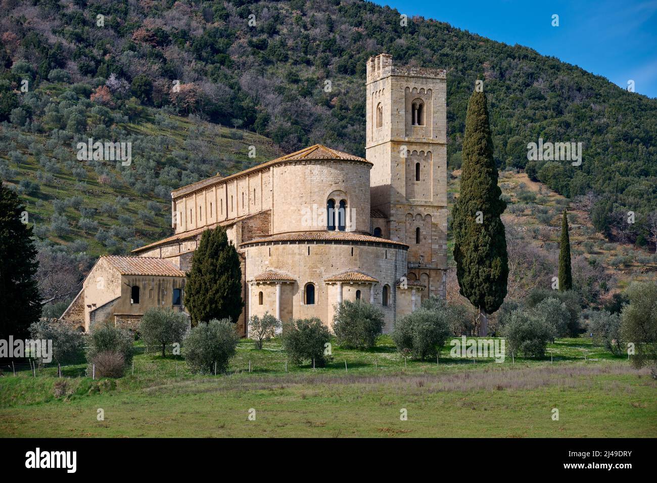 outside view of Abbazia di Santantimo abbey, Abbazia di Sant'Antimo, Castelnuovo dell’Abate, Tuscany, Italy Stock Photo