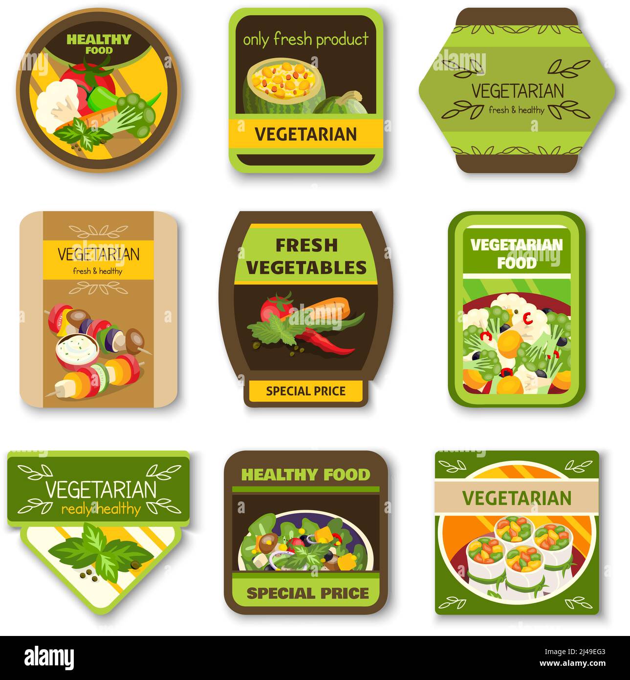 Vegetarian food colorful emblems with vegetables verdure spices for healthy lifestyle isolated vector illustration Stock Vector