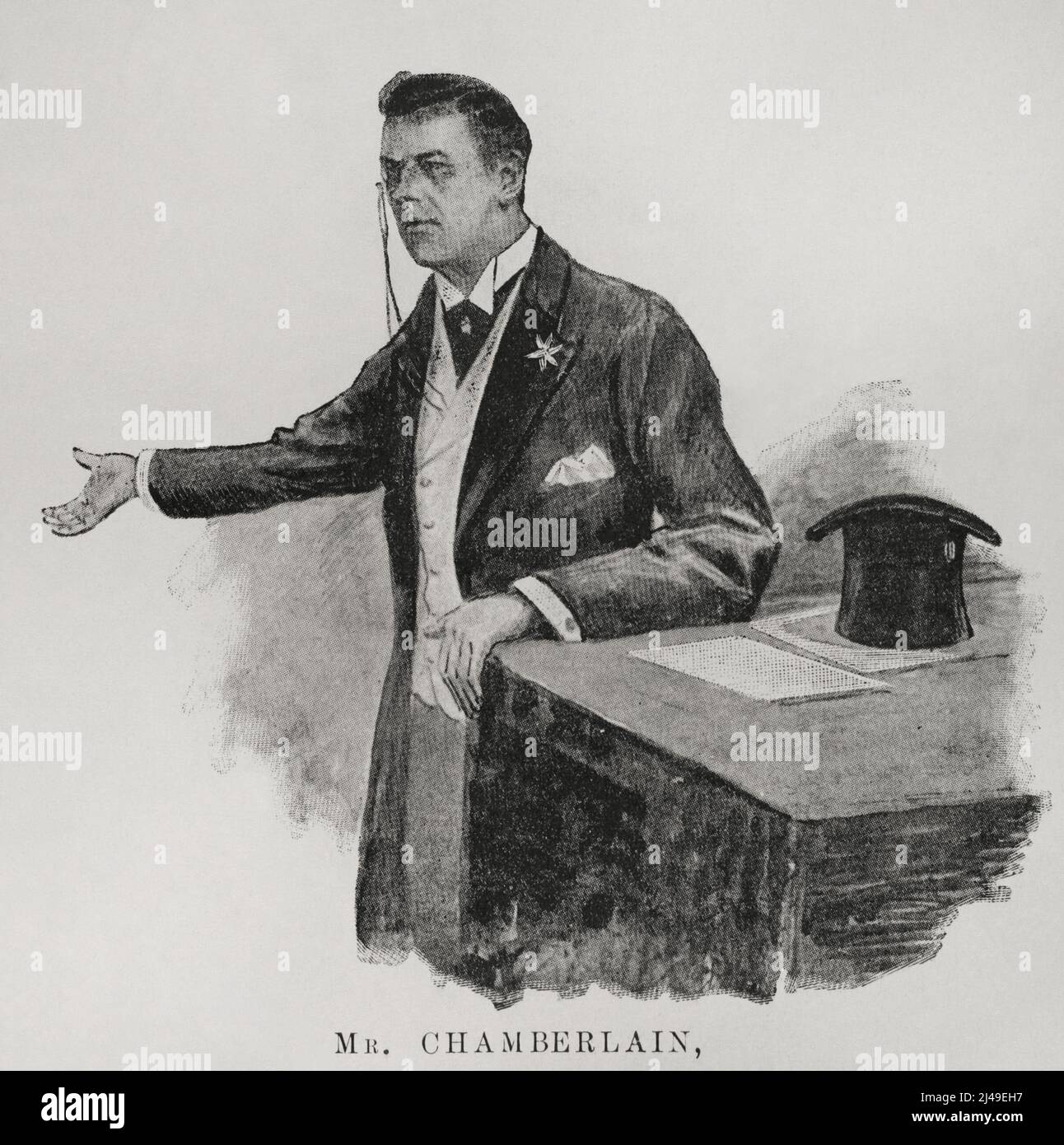Joseph Chamberlain (1836-1914). British politician. Defender of imperialism in foreign policy. Chamberlain, Secretary of State for the Colonies, pronouncing his famous speech in Birmingham on 12 April 1898, in which he spoke of England's alliance with the United States. Photoengraving. La Ilustración Española y Americana, 1898. Stock Photo