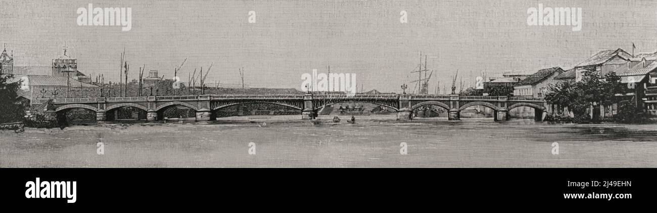 Philippines. Manila. Bridge of Spain over the Pasig River. Built after the earthquake of June 9, 1863. Engraving by Sampietro. La Ilustración Española y Americana, 1898. Stock Photo