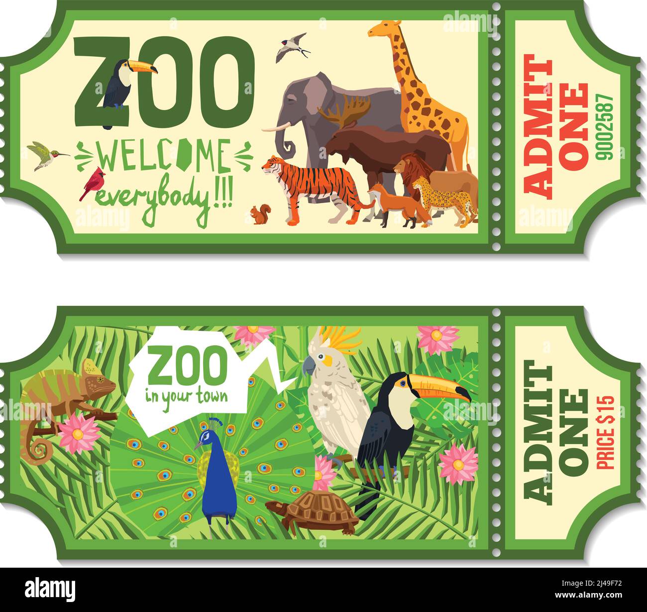Colorful zoo tickets with tropical plants exotic birds and african animals flat vector illustration Stock Vector