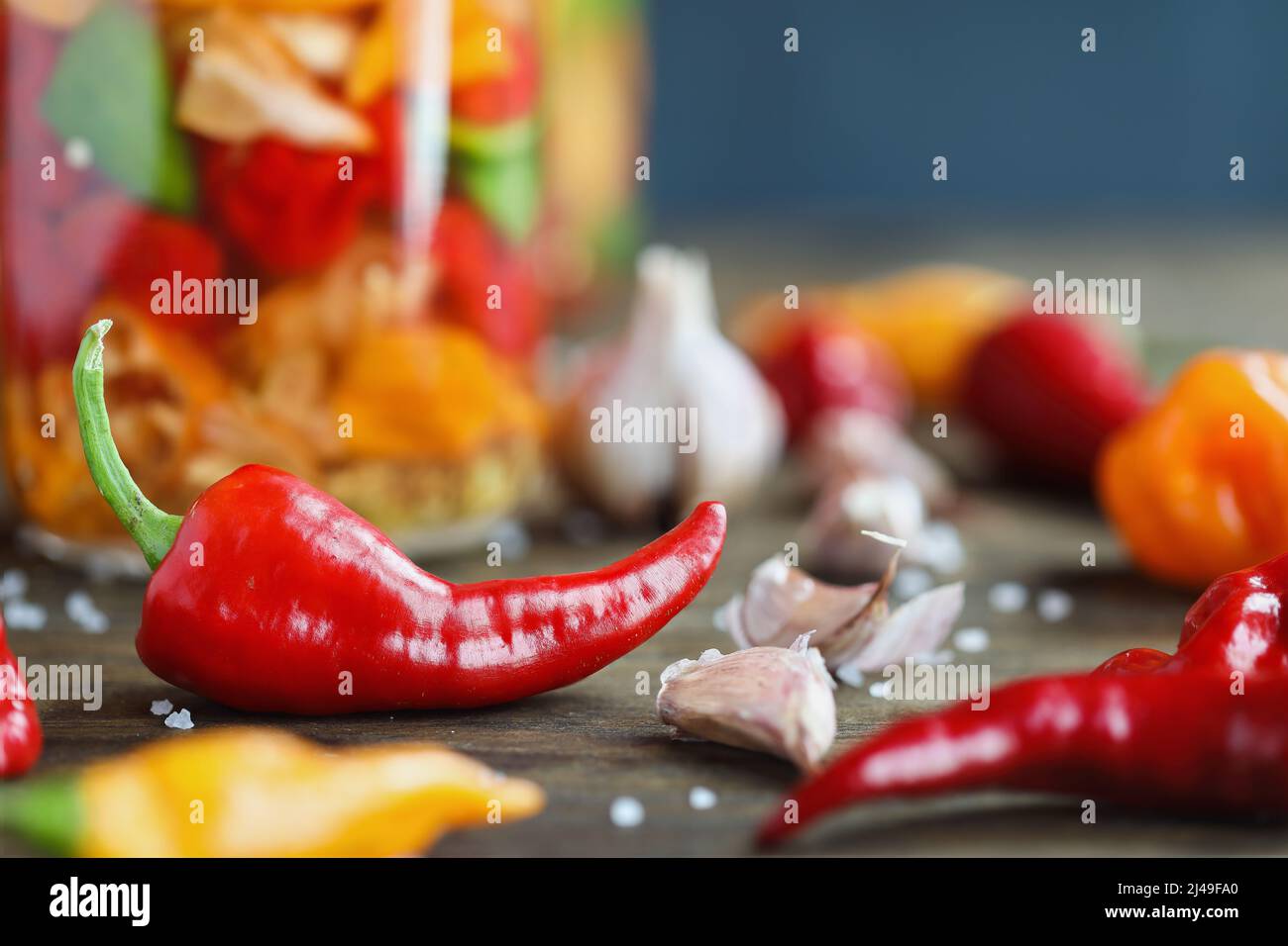 Cyklon pepper with variety of other spicy peppers and garlic cloves in front of a mason jar of fermenting hot sauce. Blurred background. Stock Photo
