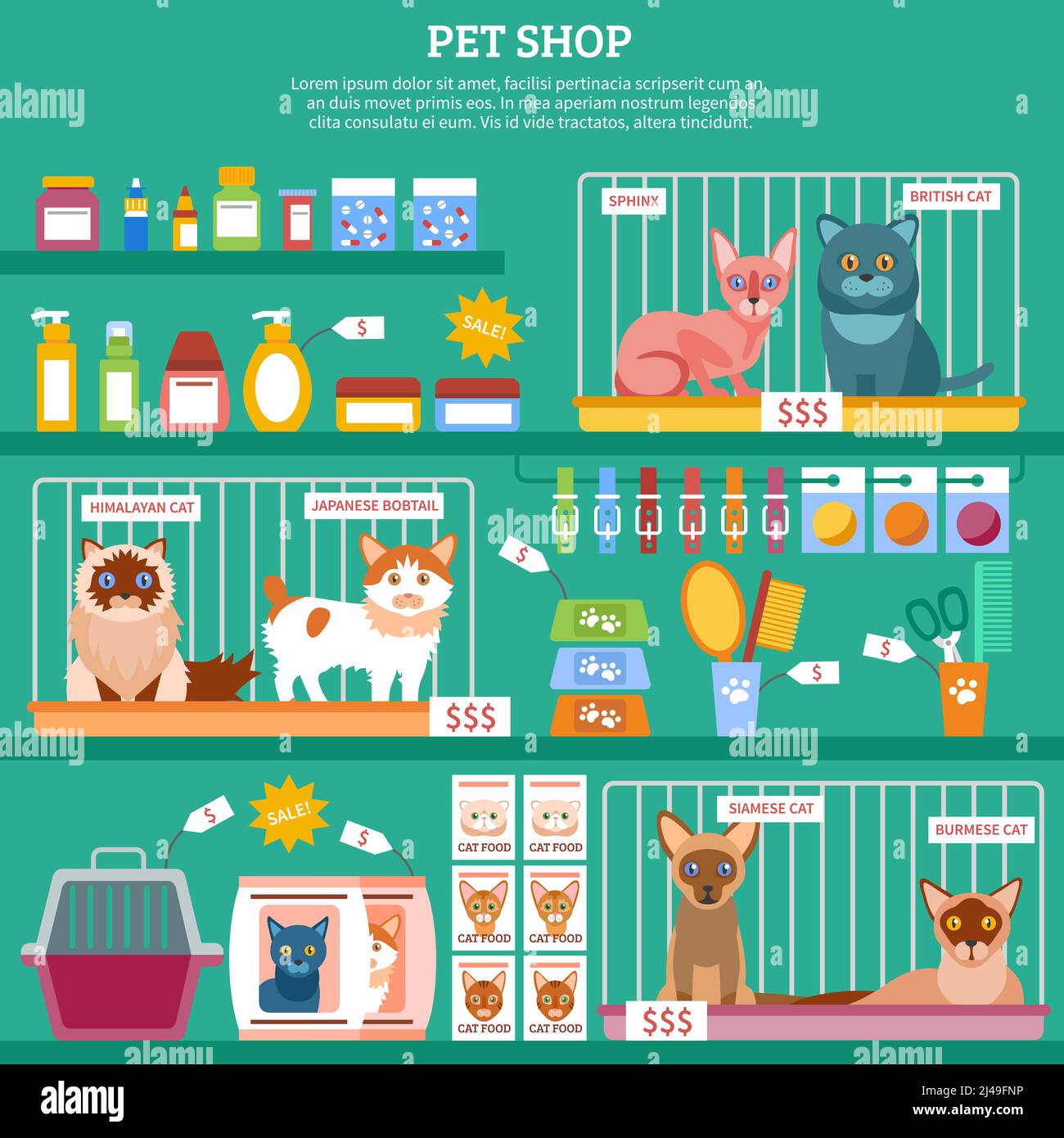 Pet shop concept with flat cat breed icons vector illustration Stock Vector