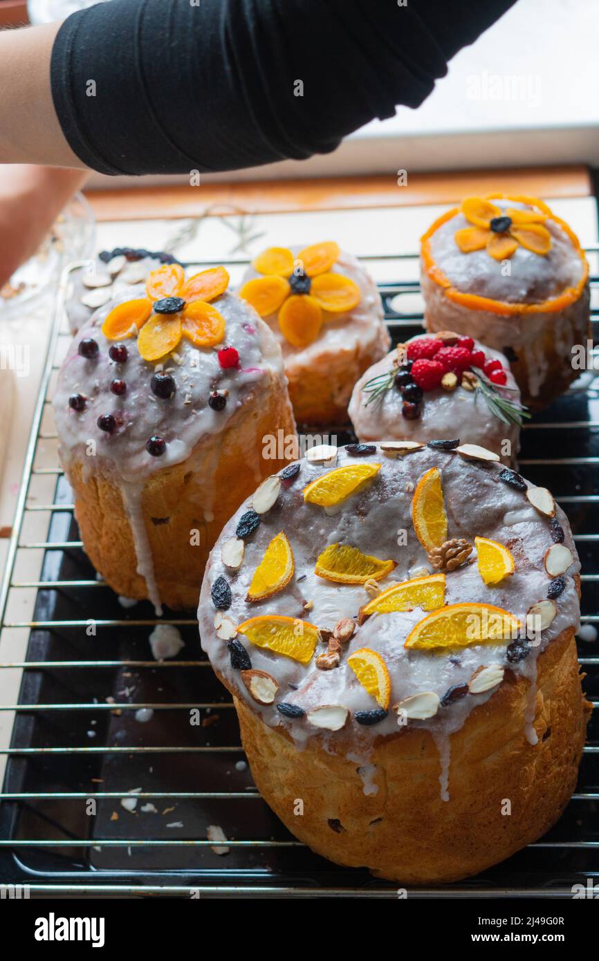 Traditional Easter biscuit Paska covered with icing and decorations
