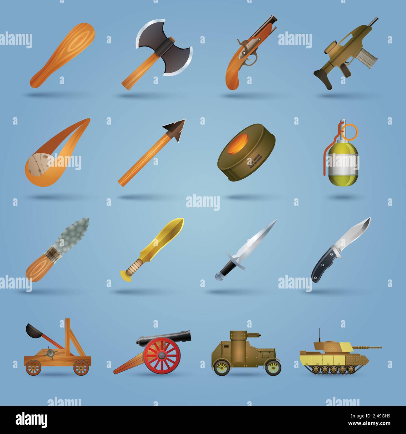 Weapon icons set with gun shotgun grenade tank stun isolated vector illustration Stock Vector