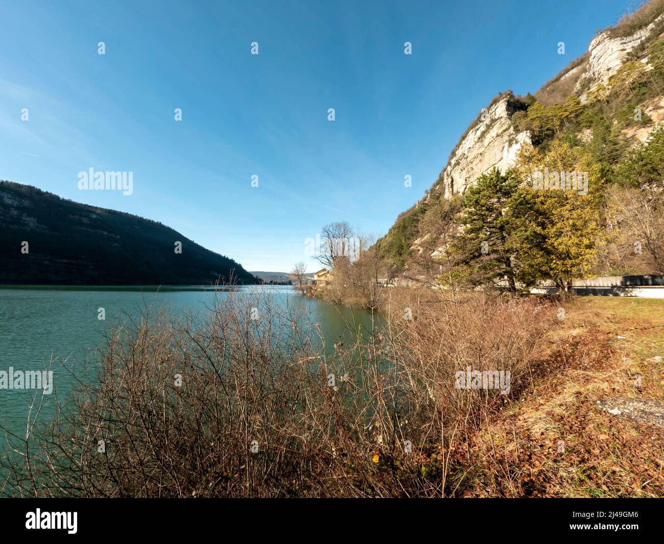 Lake Nantua in the Jura massif, located in France in the town of Nantua, in the department of Ain in the Auvergne-Rhône-Alpes region, France Stock Photo