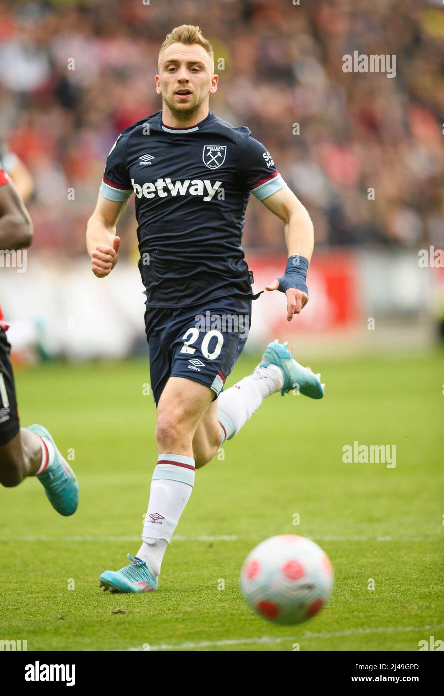 10 April 2022 - Brentford v West Ham United - Premier League - Brentford Community Stadium  Jarrod Bowen during the match at the Brentford Community S Stock Photo