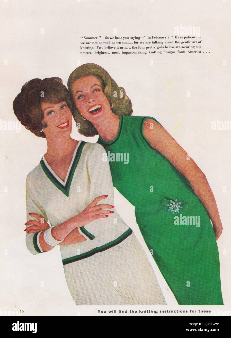 Two woman smiling wearing knitting design dresses green dress 1960s Stock Photo