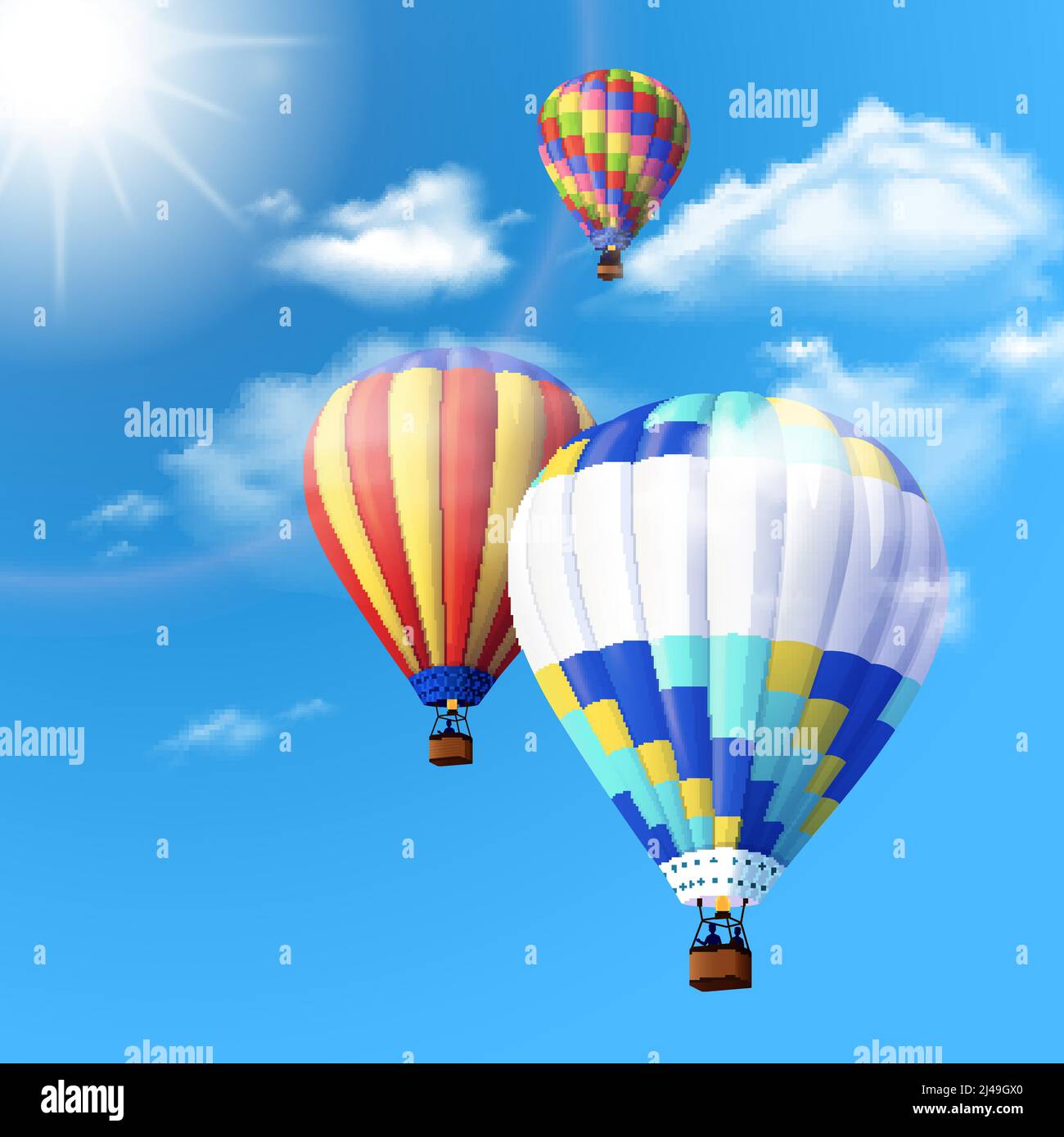 Realistic colorful air balloons flying in blue sky with clouds ...