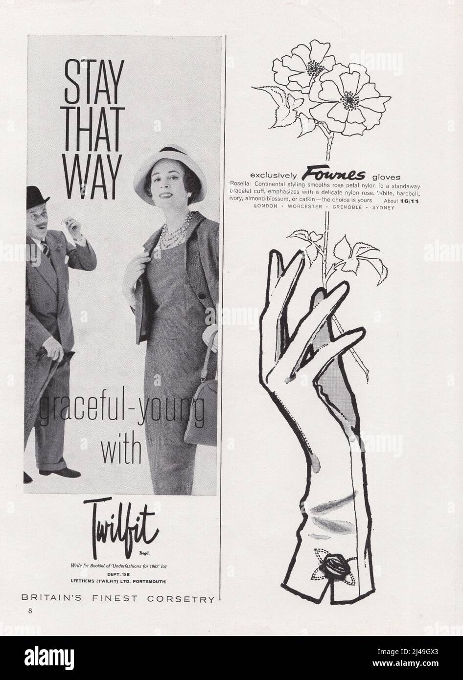 Advert of Twilfit Britain's finest corsetry and Fownes gloves vintage paper advertisement paper ad 1960s Stock Photo