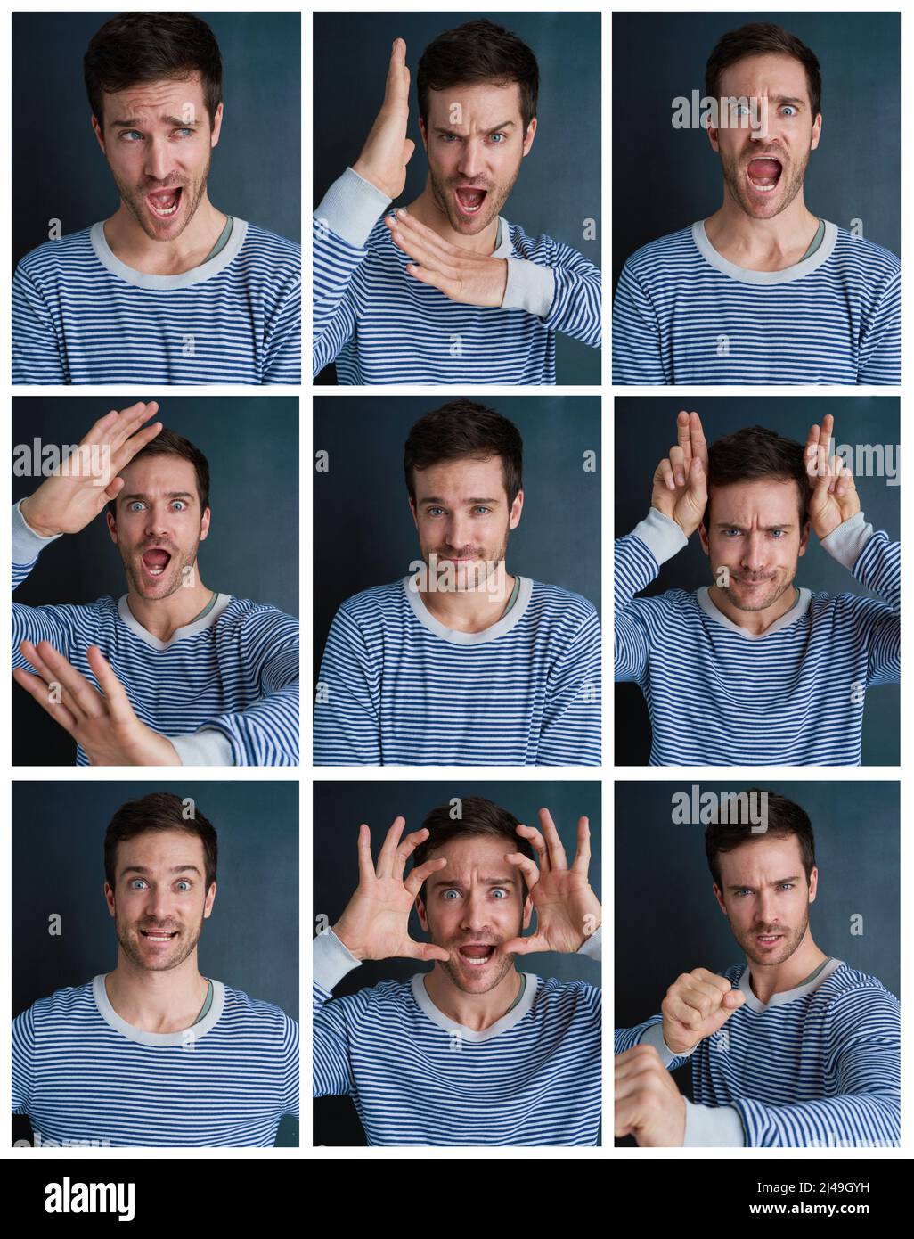 The many sides of me. Composite shot of a young man pulling funny faces in studio. Stock Photo