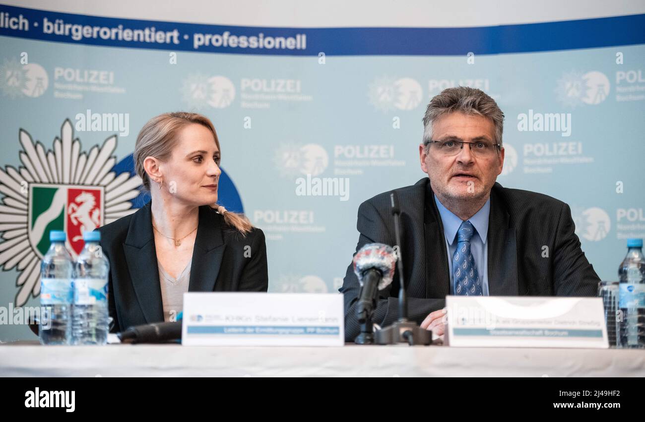 13 April 2022, North Rhine-Westphalia, Bochum: Stefanie Lienemann, head of the investigation group PP Bochum, and Dietrich Streßig, public prosecutor's office Bochum,(l-r) speak to journalists. Public prosecutor's office and police report in a press conference on the arrest of a 33-year-old woman from Herne. The woman is strongly suspected of having intentionally killed her two biological children, then 2 months and 19 months old, in 2011 and 2012, and of having physically abused a third child in 2018. The arrest warrant was executed on Tuesday, April 12, by members of the 'Jerome' investigati Stock Photo