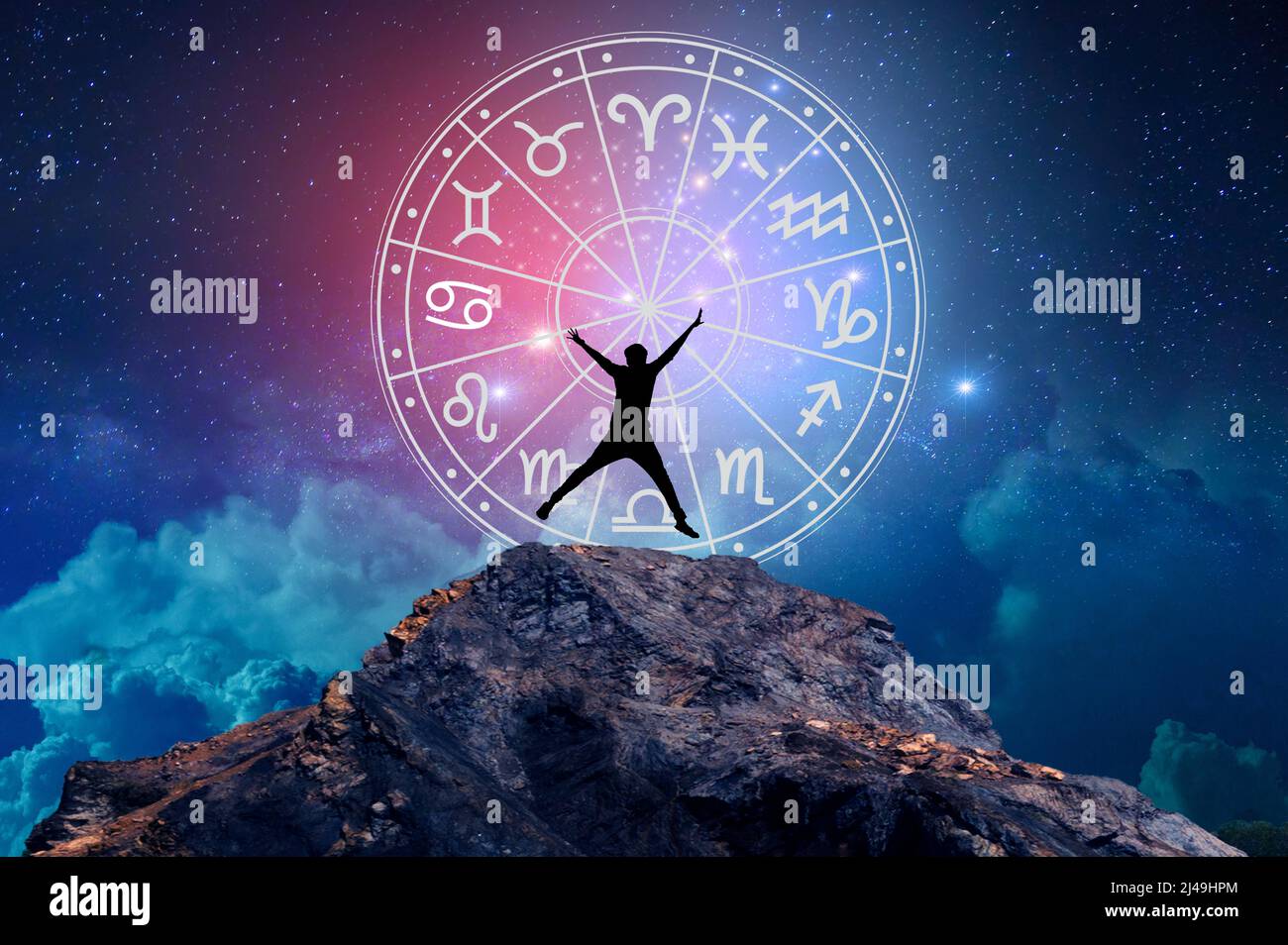 Zodiac signs inside of horoscope circle. Astrology in the sky with many stars and moons  astrology and horoscopes concept Stock Photo